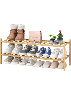 New 2-Tier Long Shoe Rack for Entryway, Black Bamboo Wood Shoe Rack for Closet